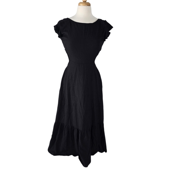 Jason Wu Open Back Linen Blend Tiered Hem Midi Sundress Black Flutter Sleeve L - Picture 2 of 13